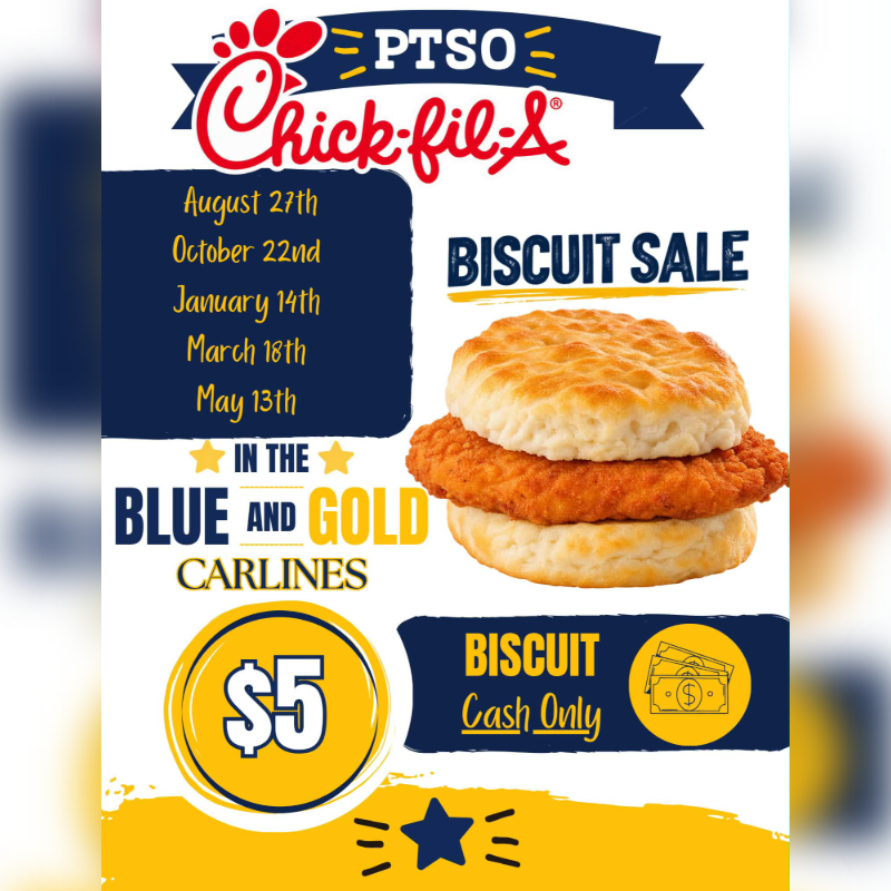 A close-up of a Chick-fil-A biscuit sandwich is featured in the foreground, with a blue and yellow flyer detailing sale dates and prices in the background.