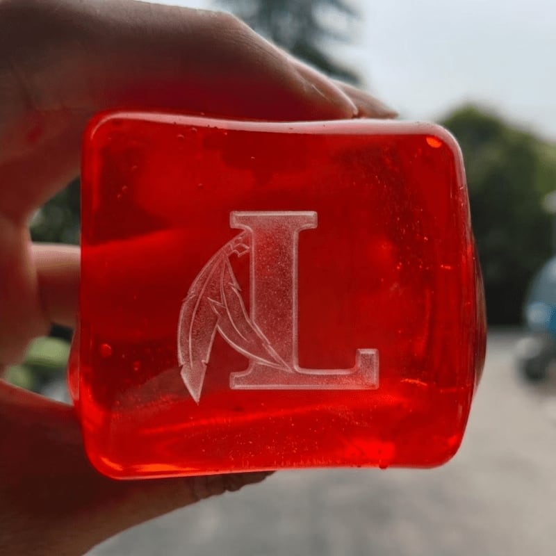 A hand holds a translucent red cube with an etched "L" and feather design, with a blurred green and gray outdoor scene in the background.