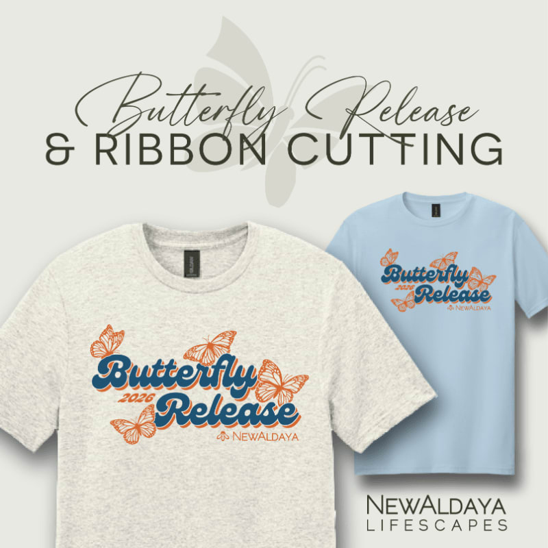 Two t-shirts with "Butterfly Release" graphics are displayed in the foreground against a background featuring the event title and a stylized butterfly.