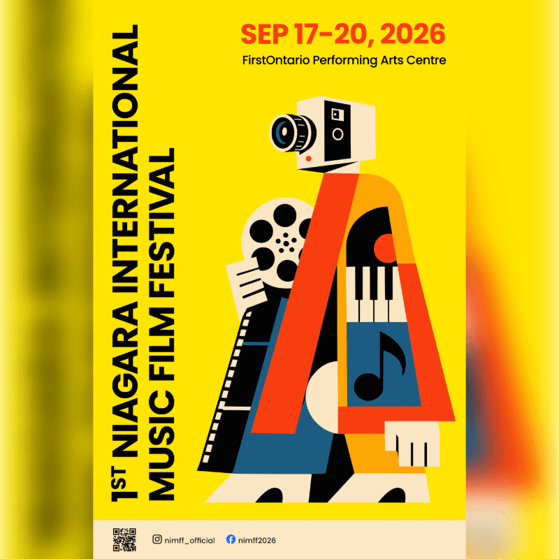 A stylized graphic of a person holding a film reel and a camera, with musical notes and piano keys integrated into their body, is set against a bright yellow background advertising the 1st Niagara International Music Film Festival.