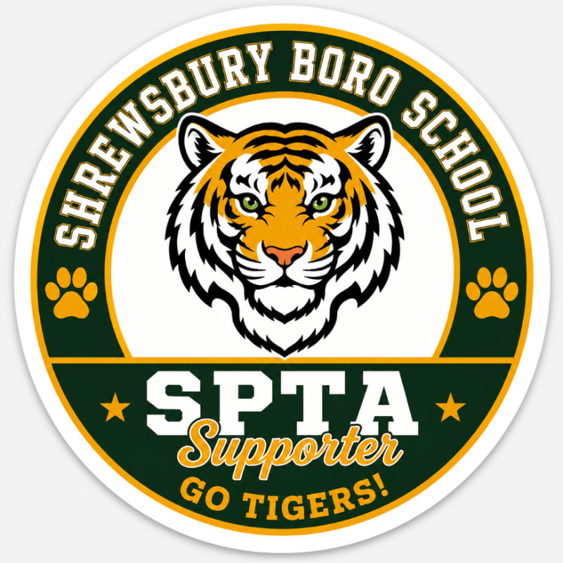 A fierce tiger's face is centered in a circular emblem with "SHREWSBURY BORO SCHOOL" around the top, and "SPTA SUPPORTER GO TIGERS!" with paw prints and stars at the bottom.
