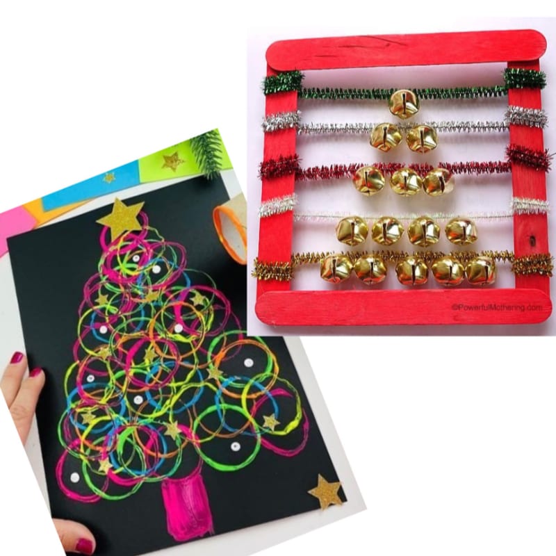 A colorful, abstract Christmas tree made of loops and stars is on the left, while a festive abacus-like craft with jingle bells and pipe cleaners is on the right.