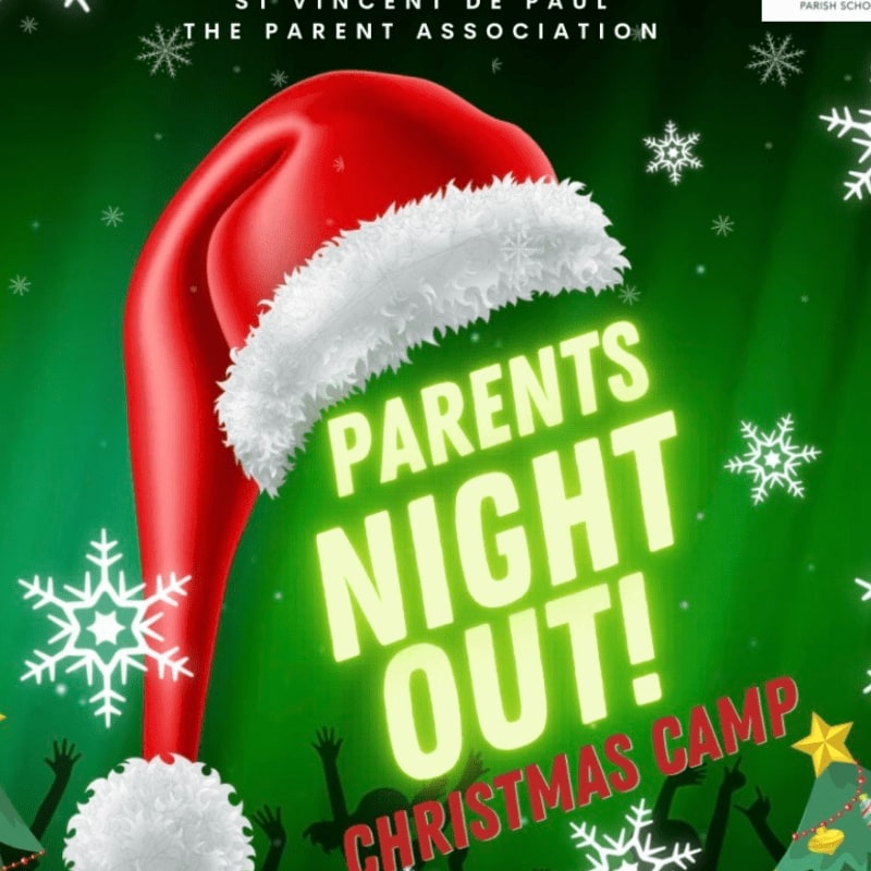 A large Santa hat looms over the text "PARENTS NIGHT OUT! CHRISTMAS CAMP" with a green, snowflake-filled background and silhouetted figures celebrating below.