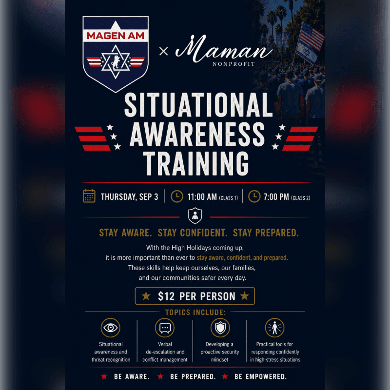 A dark blue poster advertises "Situational Awareness Training" with event details and topics in the foreground, set against a blurred background of people and palm trees under an American flag.