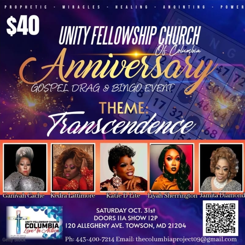 A flyer for a Gospel Drag & Bingo event titled "Anniversary: Transcendence" is displayed with a bingo card in the background and portraits of five performers in the foreground.