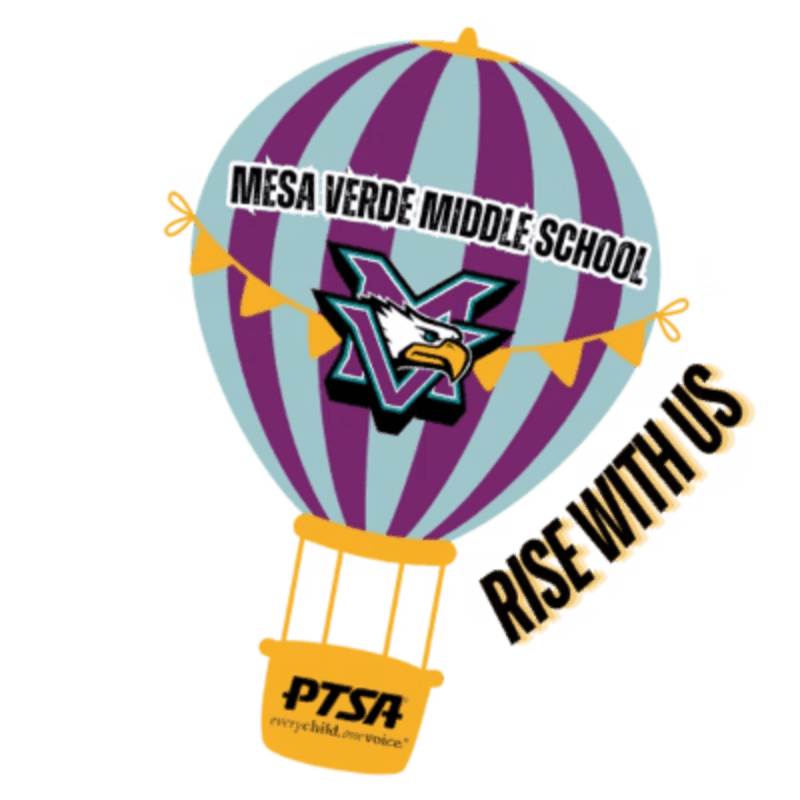 A hot air balloon with the Mesa Verde Middle School logo and "RISE WITH US" text floats against a white background.