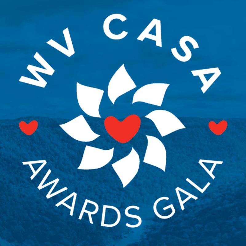 A white floral design with a red heart at its center is superimposed on a blue background of rolling hills, with "WV CASA AWARDS GALA" written in white text around it.