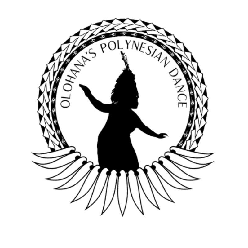 A silhouette of a Polynesian dancer in traditional headdress and attire is framed by a circular, patterned border and decorative feather-like elements.