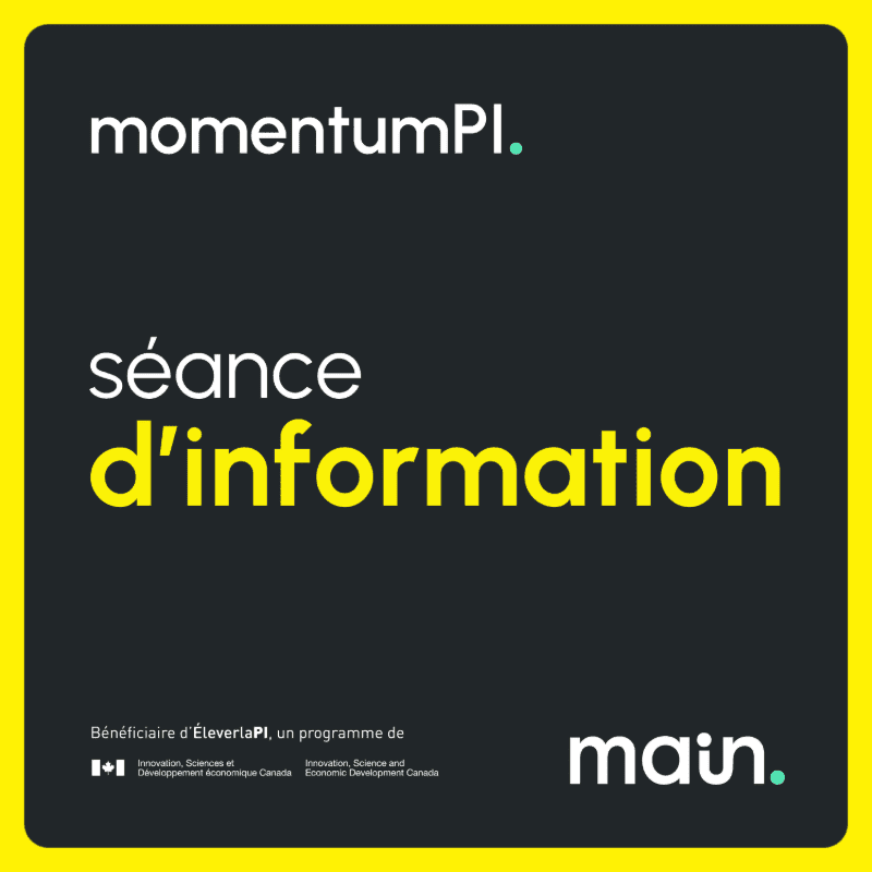 A black square with yellow borders features the text "momentumPI." and "séance d'information" in white and yellow respectively, with smaller text and logos at the bottom on a dark background.