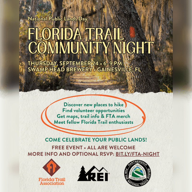 A flyer for Florida Trail Community Night is overlaid on a blurred background of a wooded trail.