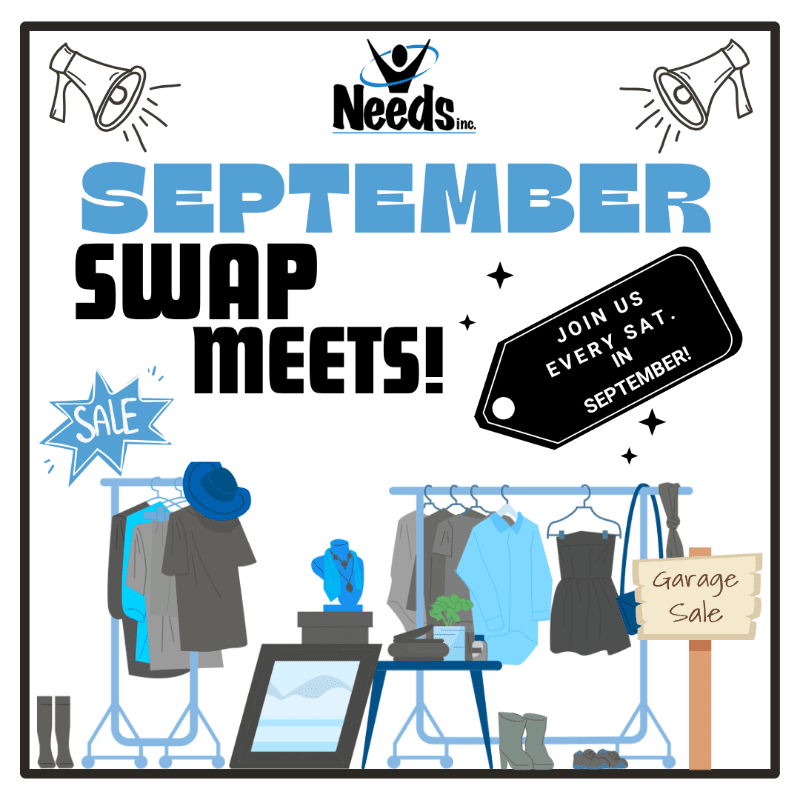 In the foreground, clothing and accessories are displayed on racks and tables, while the background features a "September Swap Meets!" announcement with a "Garage Sale" sign.