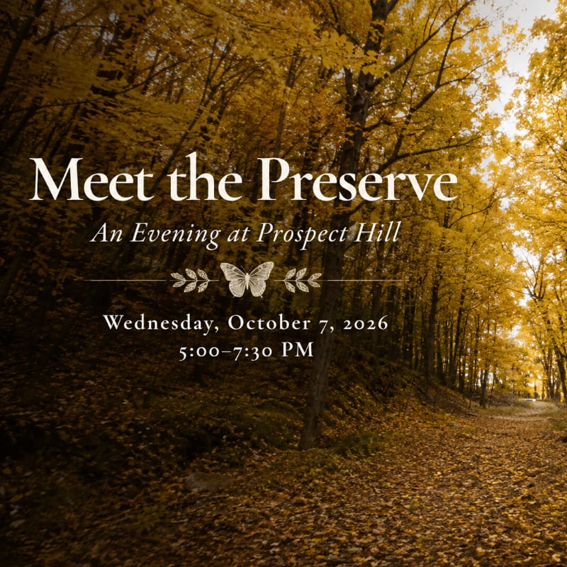 A pathway through a forest with golden autumn leaves in the foreground leads to a text overlay announcing "Meet the Preserve: An Evening at Prospect Hill" with event details.
