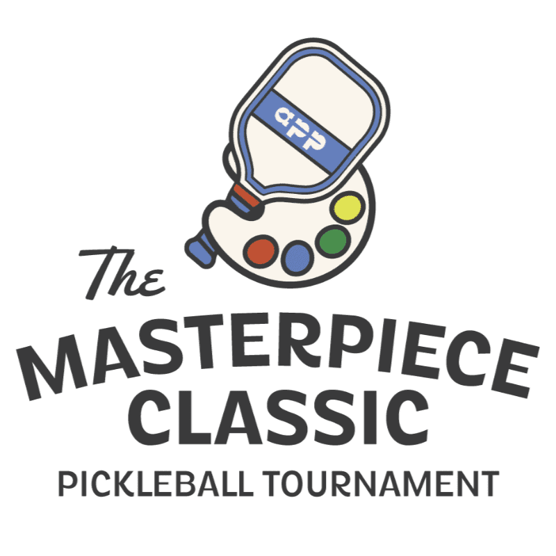 A paint bottle and palette are in the foreground above the text "The MASTERPIECE CLASSIC PICKLEBALL TOURNAMENT" on a white background.