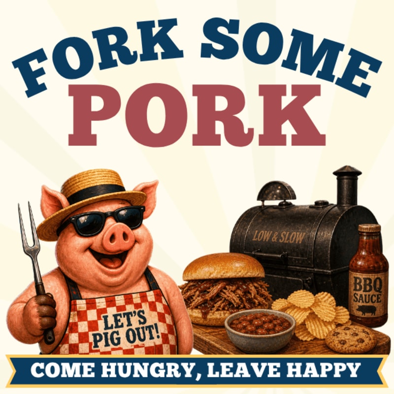 A smiling pig in sunglasses and an apron holds a fork next to a pulled pork sandwich, chips, and a bottle of BBQ sauce, with a smoker in the background and text promoting pork.