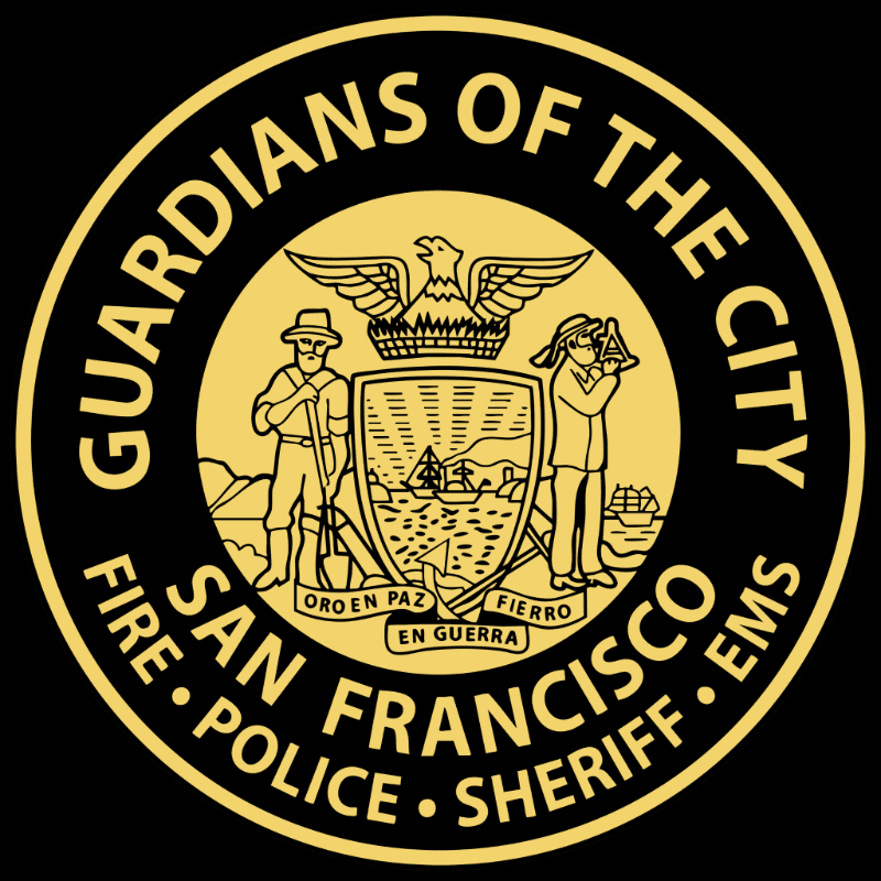 A circular emblem with "GUARDIANS OF THE CITY" and "SAN FRANCISCO FIRE • POLICE • SHERIFF • EMS" encircling a central crest featuring two figures, a shield with a landscape, and an eagle, all against a black background.
