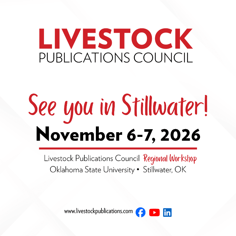 The foreground features bold red and black text announcing a "Livestock Publications Council Regional Workshop" in Stillwater, Oklahoma on November 6-7, 2026, with social media icons and a website address at the bottom, all set against a light gray background.