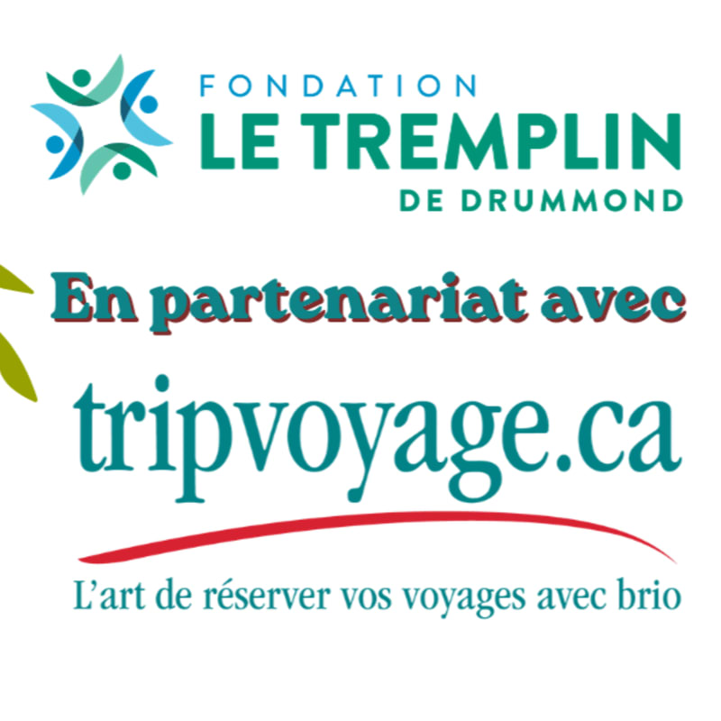 Green and blue abstract figures are in the upper left corner, with text in green and white stating "FONDATION LE TREMPLIN DE DRUMMOND" above "En partenariat avec tripvoyage.ca" and a red curved line under "L'art de réserver vos voyages avec brio" in the foreground, against a white background.