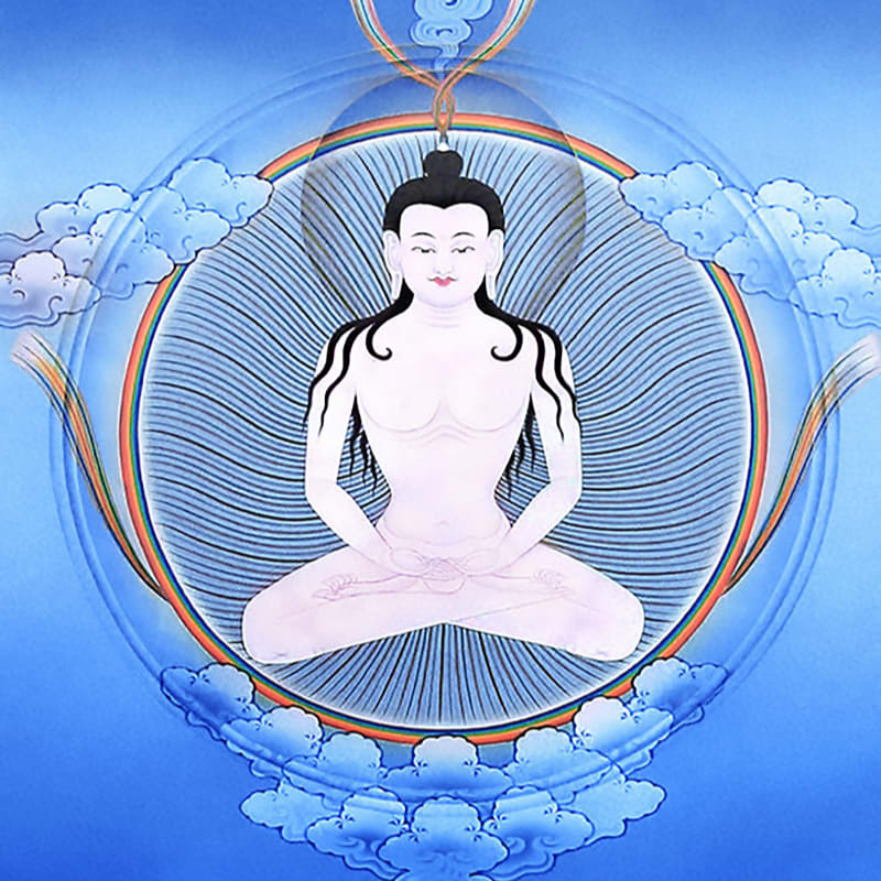 A serene, pale figure meditates cross-legged within a radiant circular halo, surrounded by swirling blue clouds and a rainbow arc.