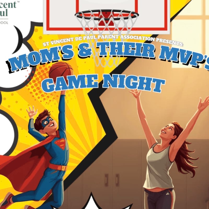 A boy in a Superman costume dunks a basketball while a woman reaches up in a gym, with the text "MOM'S & THEIR MVP GAME NIGHT" prominently displayed.