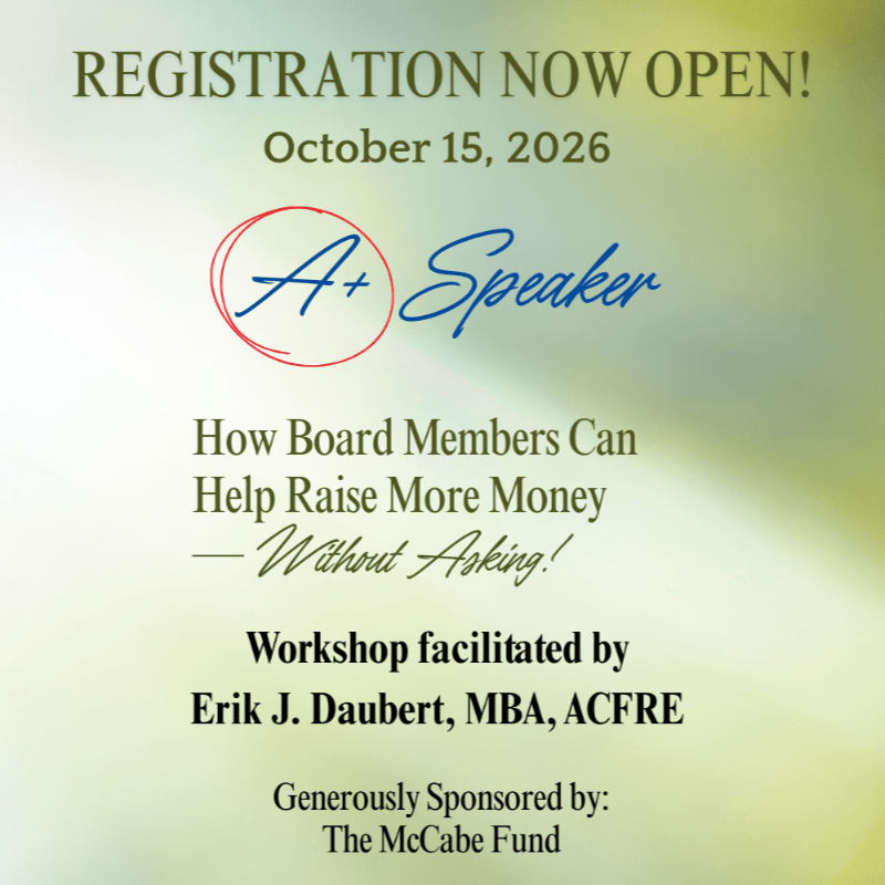 A workshop announcement for "How Board Members Can Help Raise More Money - Without Asking!" on October 15, 2026, is set against a soft, blurred green and yellow background.