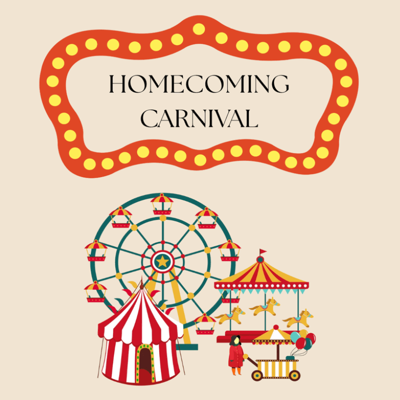 A festive homecoming carnival sign with a Ferris wheel, carousel, and tent is displayed against a plain background.