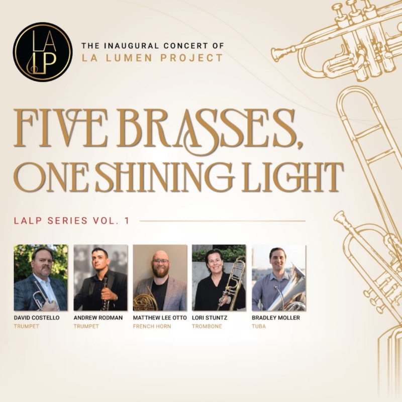Five brass musicians are featured in the foreground, with line drawings of brass instruments and the event title "FIVE BRASSES, ONE SHINING LIGHT" in the background.