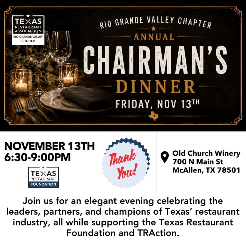 Elegant place settings with candles in the foreground are set against a dark background advertising the Texas Restaurant Association's Annual Chairman's Dinner.