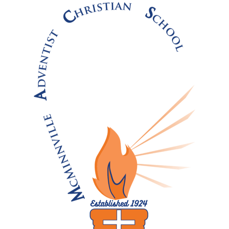 A stylized flame with radiating lines and the text "Established 1924" sits below the words "MCMINNVILLE CHRISTIAN SCHOOL" arching over a white background.