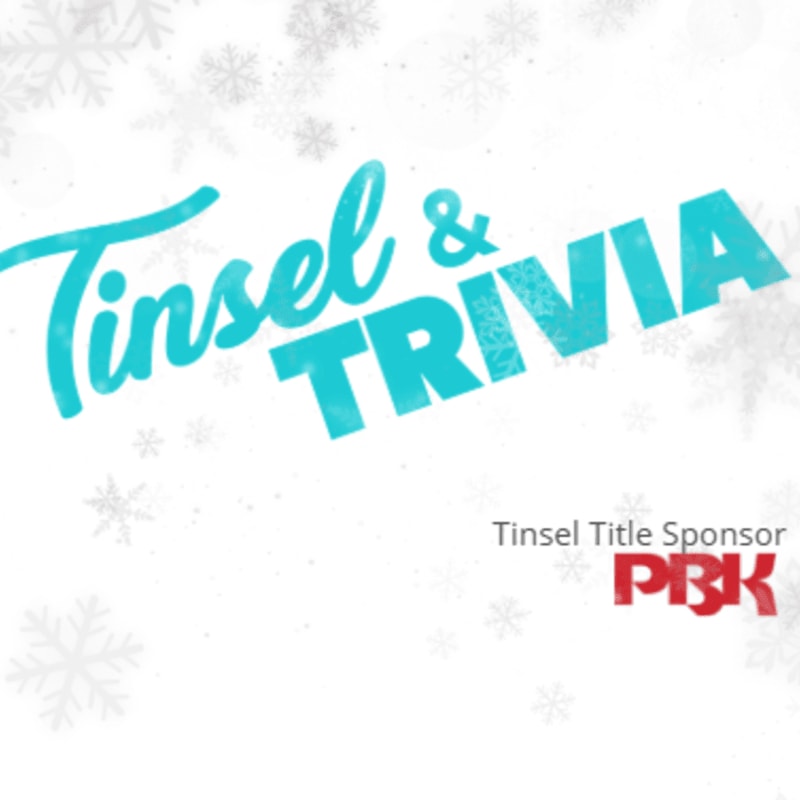 Turquoise lettering spells out "Tinsel & Trivia" in the foreground against a white background with scattered snowflakes.