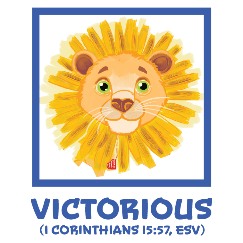 A cartoon lion with a bright yellow mane is centered within a blue square frame, with the word "VICTORIOUS" and a Bible verse below it on a white background.