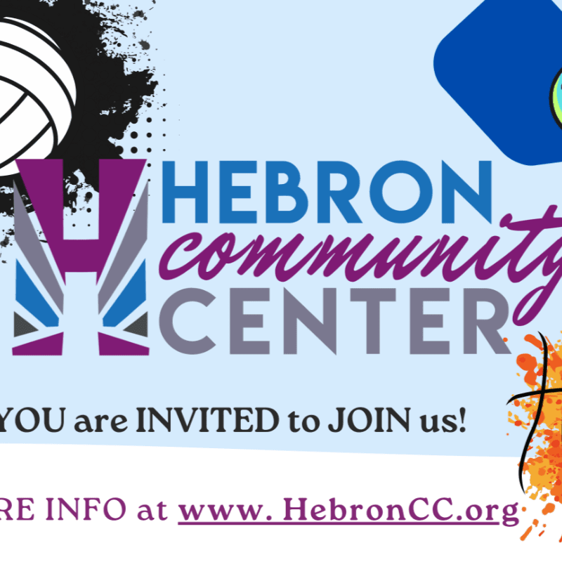 A volleyball and abstract shapes are in the foreground, with the text "HEBRON community CENTER" and an invitation to join in the background.