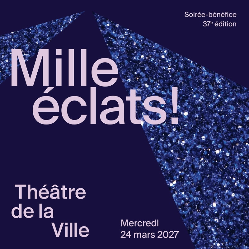 Large white text reading "Mille éclats!" dominates the foreground against a dark blue background with a sparkling, glittery texture that forms abstract shapes in the background.