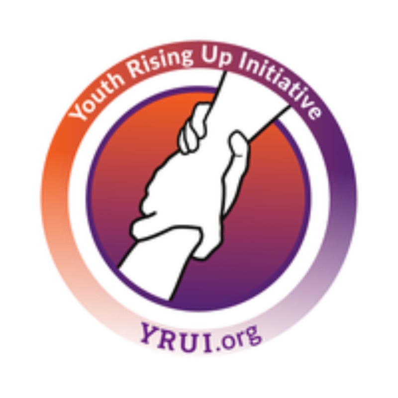 Two white hands clasping each other in a circular emblem with a gradient background of orange to purple, and the text "Youth Rising Up Initiative" and "YRUI.org" are visible.