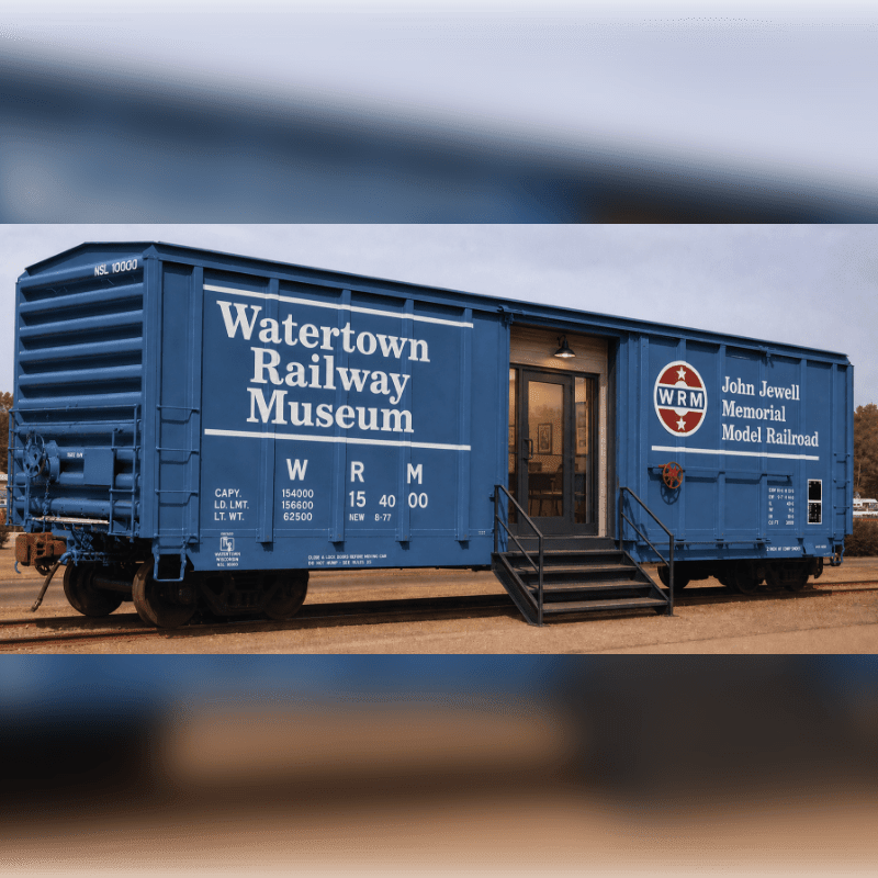 A blue boxcar labeled "Watertown Railway Museum" with stairs leading into it sits on tracks against a cloudy sky.