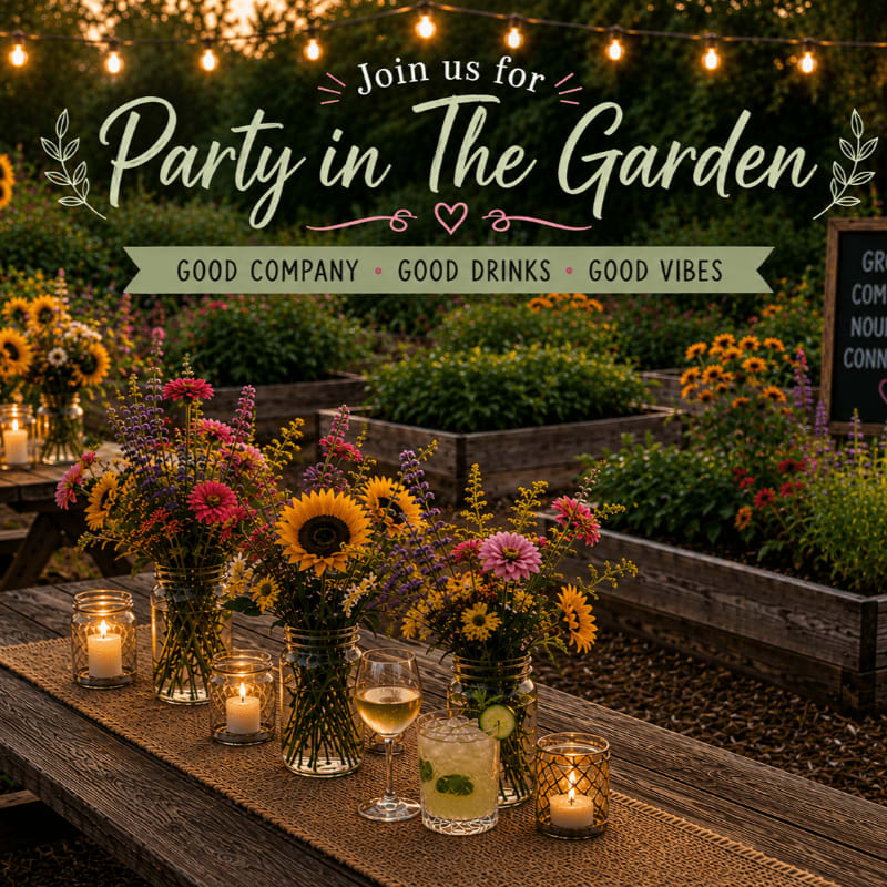 A rustic table set with floral arrangements, candles, and drinks sits in the foreground, while a lush garden with string lights illuminates the background.
