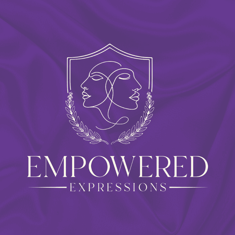 A minimalist logo featuring two intertwined faces within a shield, set against a rich purple, draped fabric background.