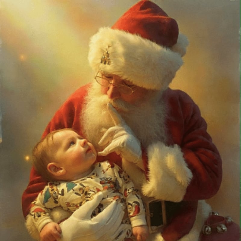 Santa Claus, with his red suit and white beard, gently holds a baby wearing pajamas, while a soft, warm light illuminates the background.