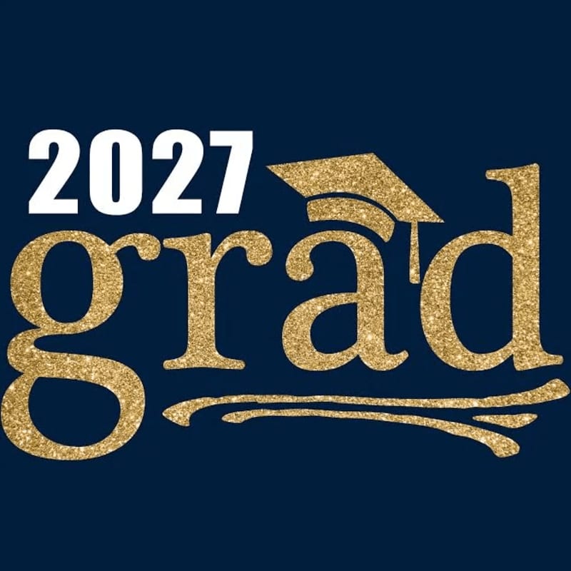White text "2027" sits above large, glittery gold text "grad" with a graduation cap, all on a dark blue background.