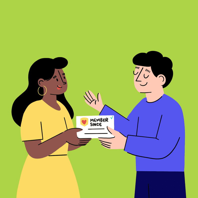 A woman in a yellow dress hands a "Member Since" card to a man in a blue shirt against a green background.