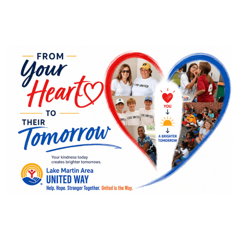 A heart-shaped collage of people and text promoting the Lake Martin Area United Way is displayed against a white background.