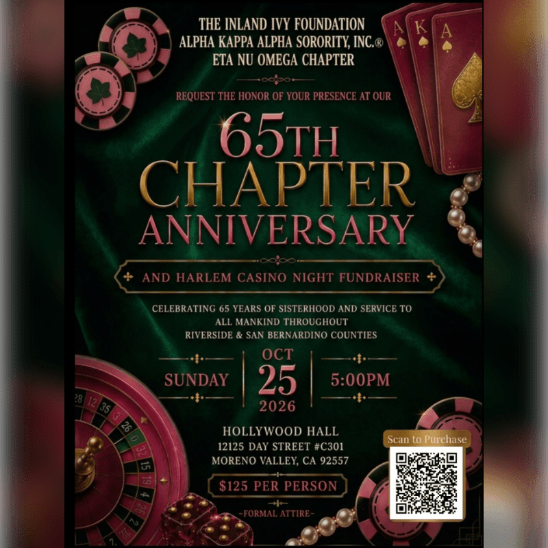 Casino-themed invitations for a 65th chapter anniversary and Harlem Casino Night fundraiser feature a roulette wheel and dice in the foreground and playing cards and poker chips in the background.