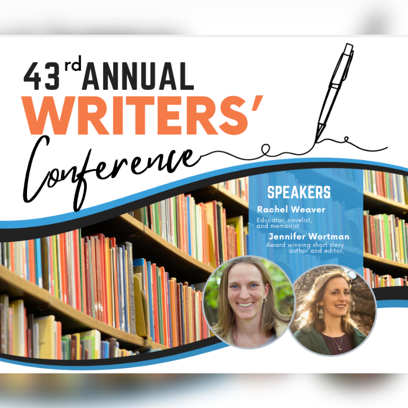 A colorful bookshelf fills the foreground, while the background features text announcing the 43rd Annual Writers' Conference and portraits of two speakers.