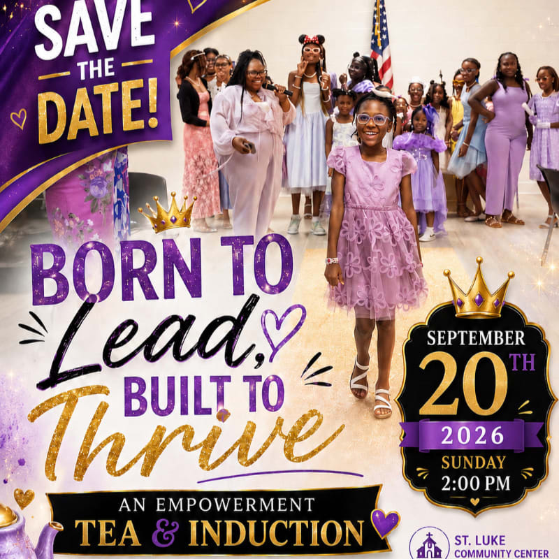 A young girl in a purple dress stands in the foreground, while a group of people, including women and children, are gathered in the background at an empowerment event.