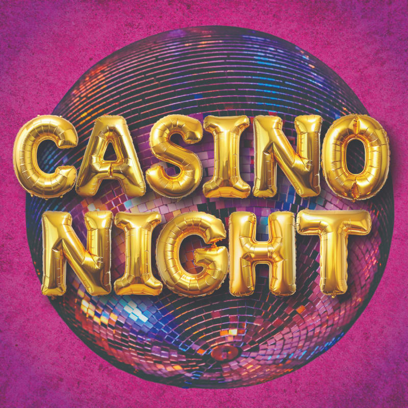 Golden balloons spelling "CASINO NIGHT" float in front of a sparkling disco ball against a vibrant pink background.