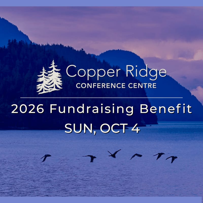A flock of birds flies over a calm body of water in the foreground, with a majestic mountain range and the "Copper Ridge Conference Centre 2026 Fundraising Benefit" text in the background.