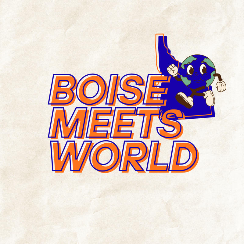 A cartoon globe with arms and legs jumps over the state of Idaho, with "BOISE MEETS WORLD" written in bold orange letters with blue outlines in the foreground against a textured cream background.