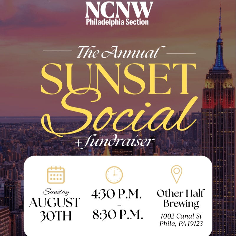 A flyer for the NCNW Philadelphia Section's Annual Sunset Social + Fundraiser is overlaid on a nighttime cityscape with the Empire State Building illuminated in the background.