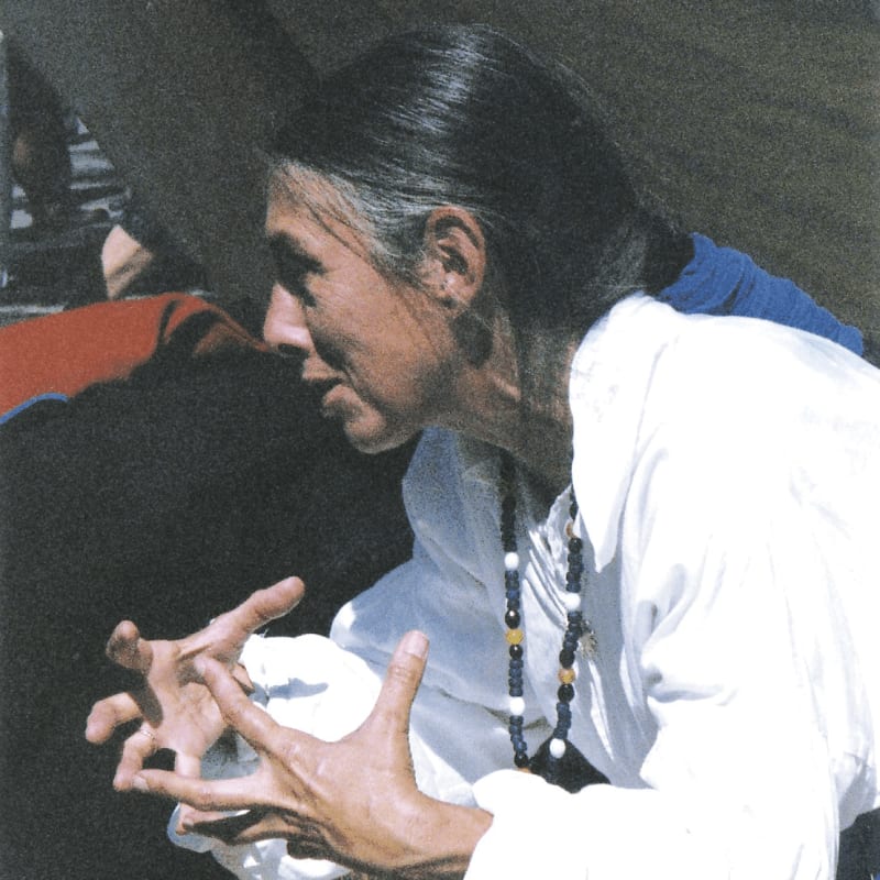 A woman with dark hair and a beaded necklace gestures with her hands in the foreground, while a blurred background suggests an outdoor setting.