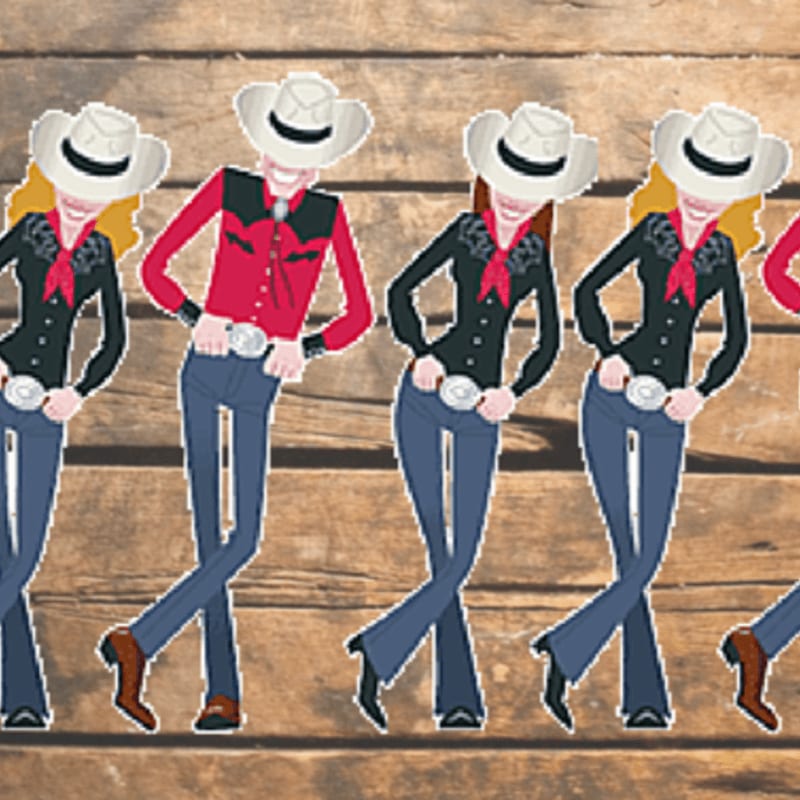 Five cartoon cowgirls in western attire with blonde hair and red bandanas dance in front of a rustic wooden background.