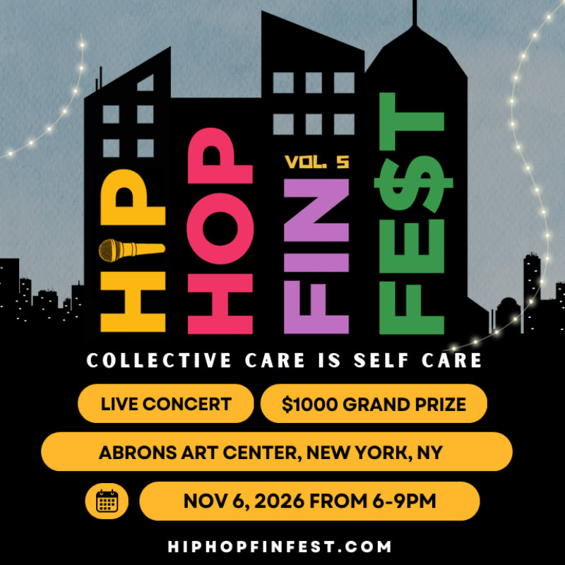 A vibrant poster for "Hip Hop Fin Fest Vol. 5" features bold text and event details against a silhouetted cityscape.